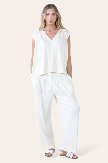 KATCH ME Women's Minimalist V Neck Sleeveless Oversize Top & Elastic Waist Drawstring Wide Leg Trousers Co-ord Co-ord